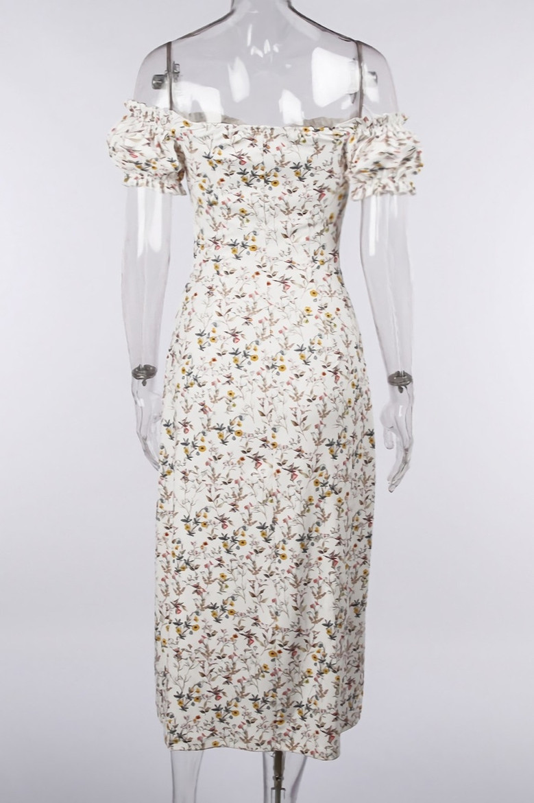 Summer New Stylish Floral Batch Printing High Split Off Shoulder Ruffle Lace-Up Slim Tweed Sexy Stretch Midi Dress