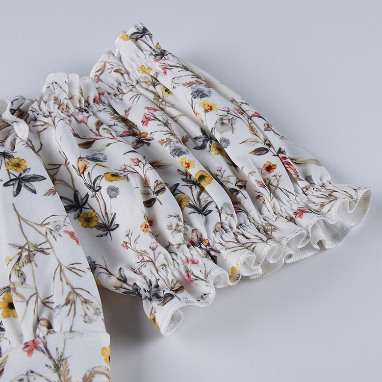 Summer New Stylish Floral Batch Printing High Split Off Shoulder Ruffle Lace-Up Slim Tweed Sexy Stretch Midi Dress
