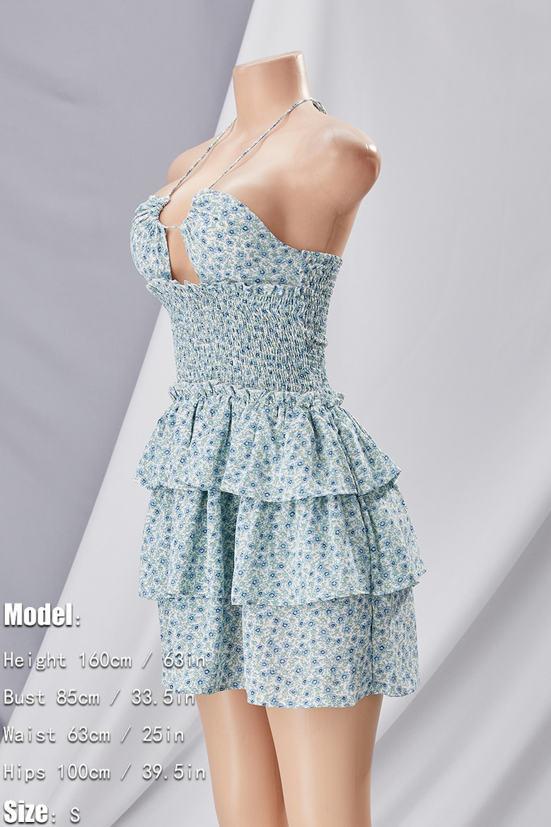 Summer New Stylish Floral Batch Printing Hollow Stretch Halter-Neck Lace-Up Ruffle Backless Sexy Mini Dress