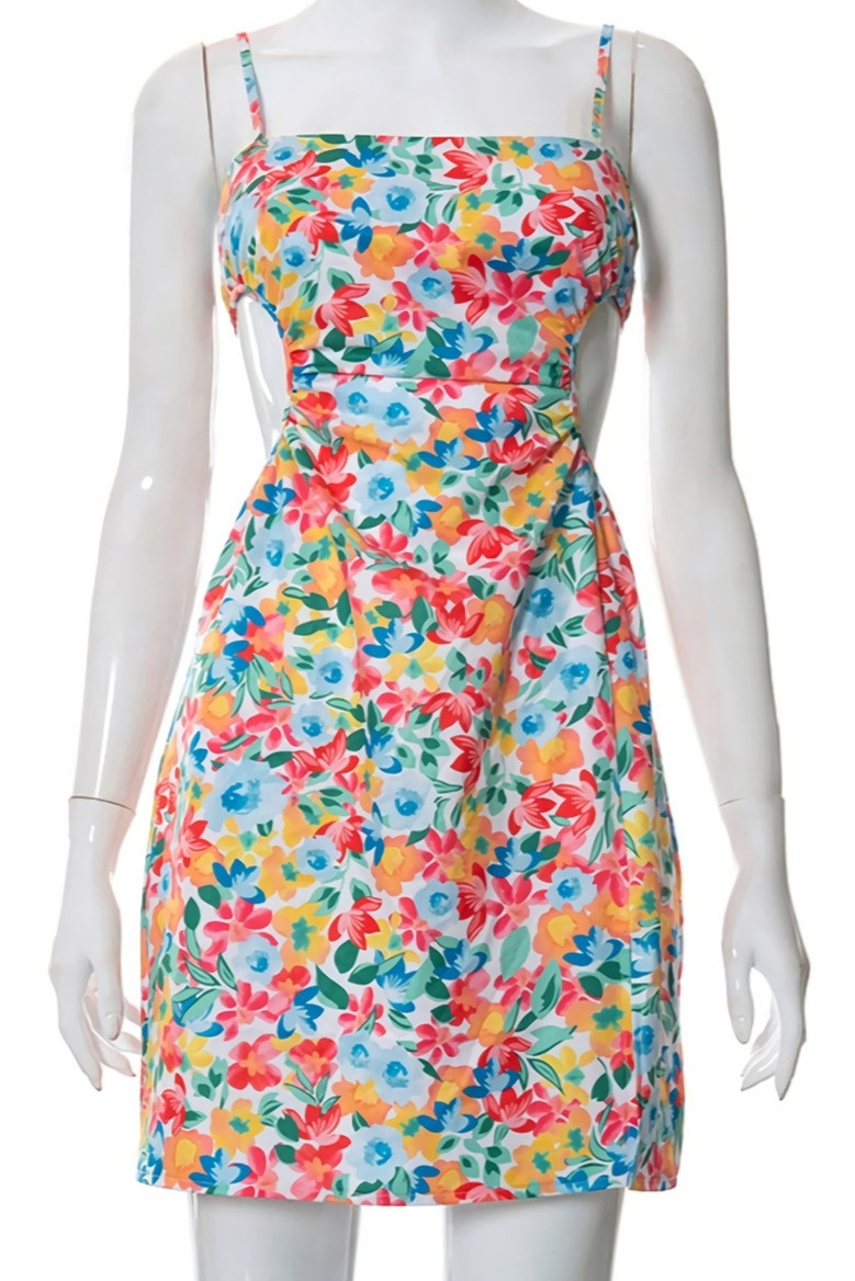 Summer New Stylish Floral Batch Printing Hollow Zip-Up Adjustable Sling Stretch Slim Slit Sexy Mini Dress
