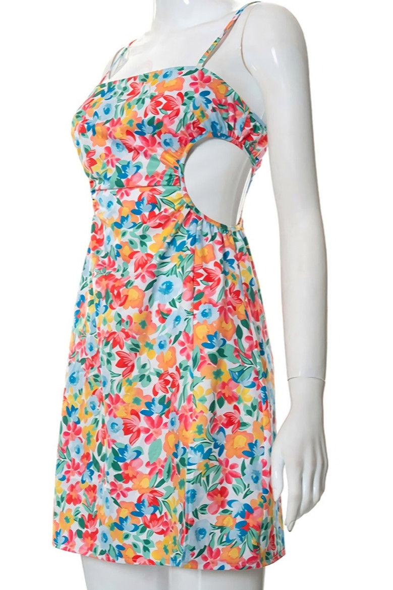 Summer New Stylish Floral Batch Printing Hollow Zip-Up Adjustable Sling Stretch Slim Slit Sexy Mini Dress
