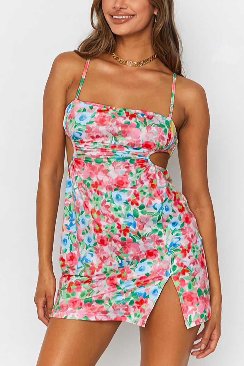 Summer New Stylish Floral Batch Printing Hollow Zip-Up Adjustable Sling Stretch Slim Slit Sexy Mini Dress