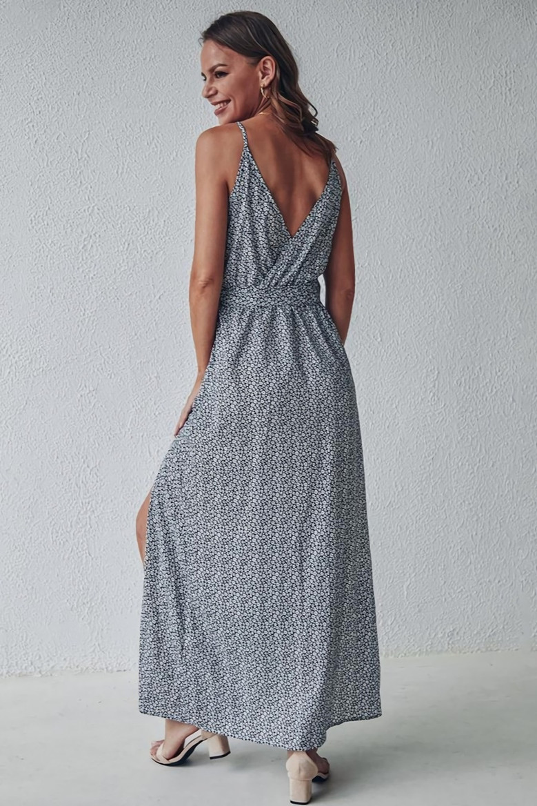 Summer New Stylish Floral Batch Printing Inelastic Split Backless Casual Maxi Dress With Belt