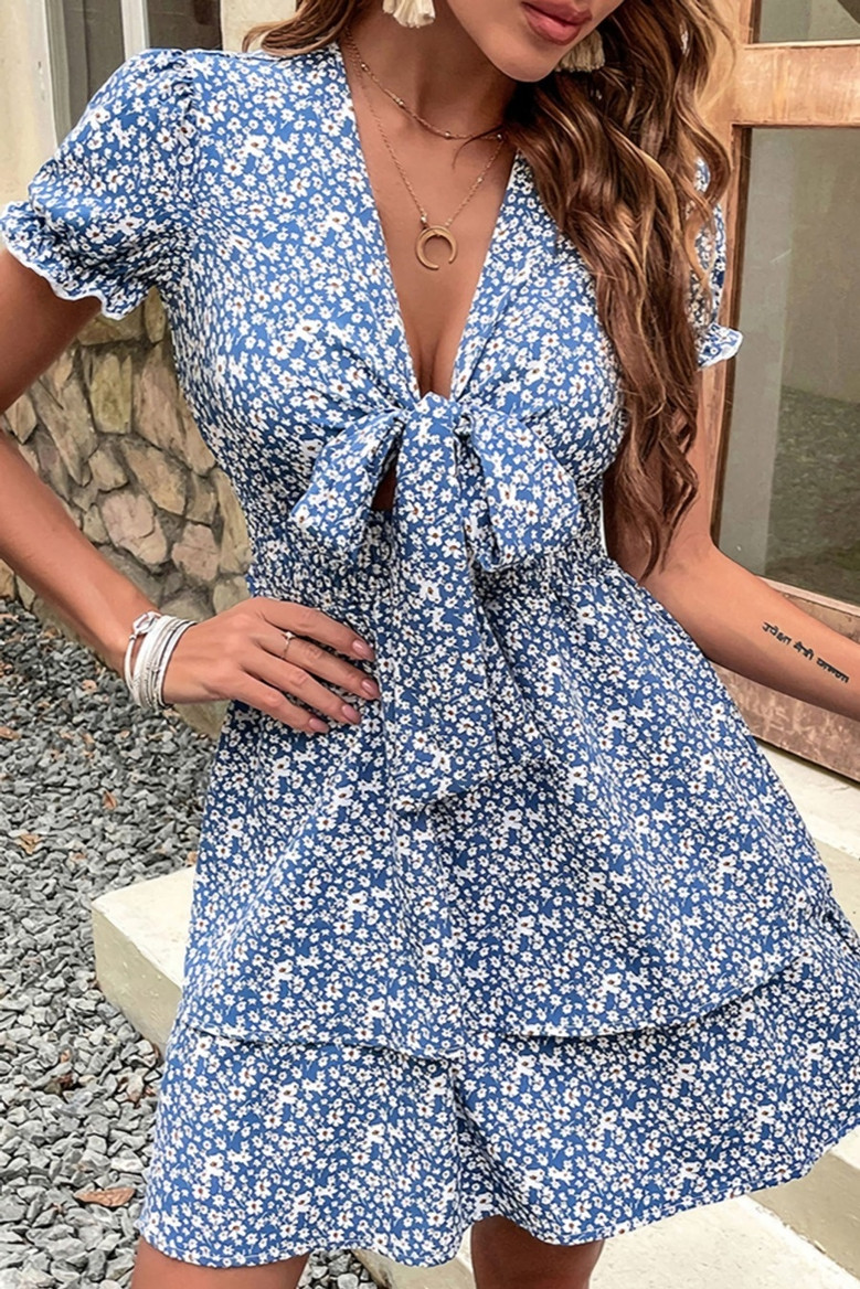 Summer New Stylish Floral Batch Printing Inelastic V-Neck Lace-Up Short Sleeves Casual Mini Dress