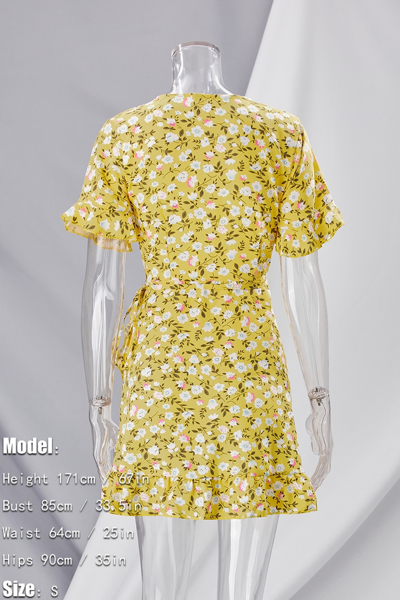 Summer New Stylish Floral Batch Printing Inelastic V-Neck Ruffle Lace-Up Irregular Fresh Casual Mini Dress