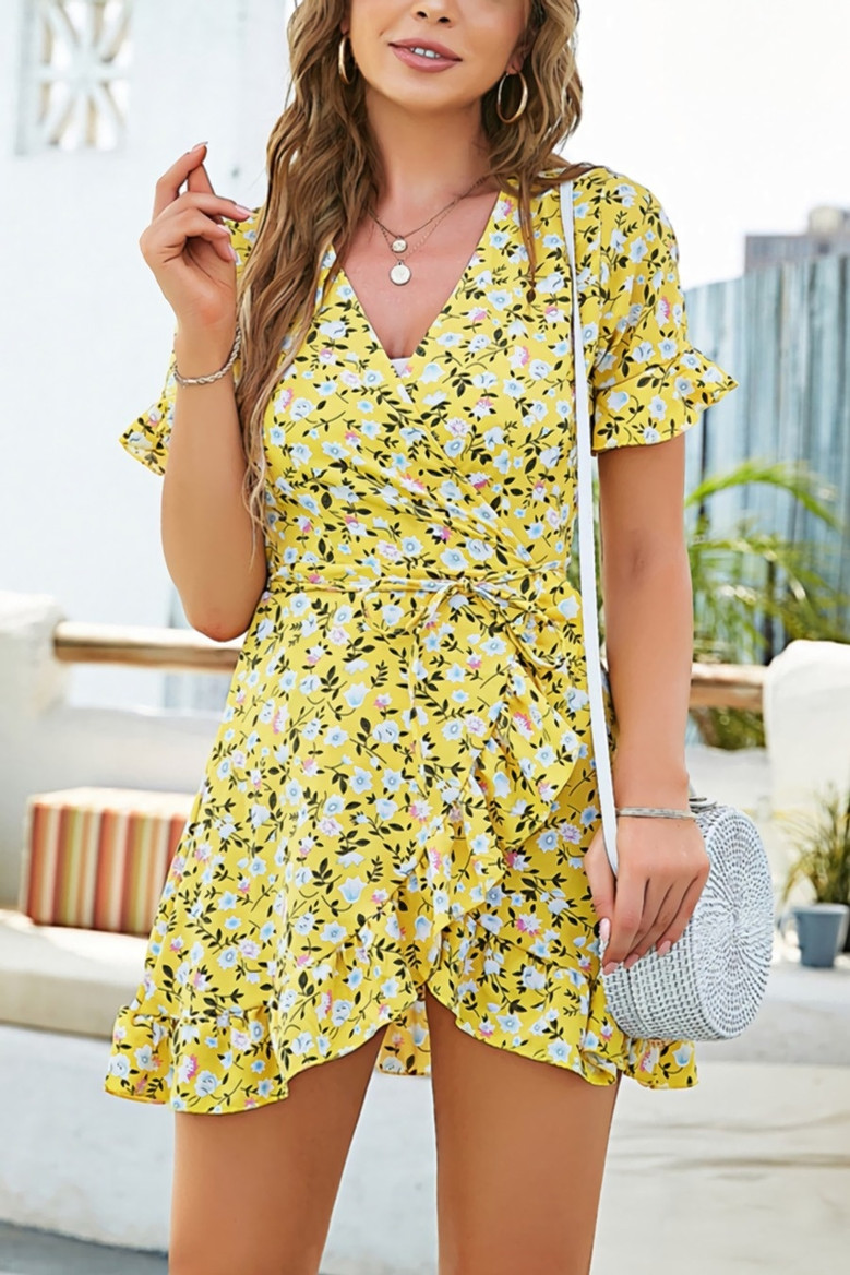 Summer New Stylish Floral Batch Printing Inelastic V-Neck Ruffle Lace-Up Irregular Fresh Casual Mini Dress