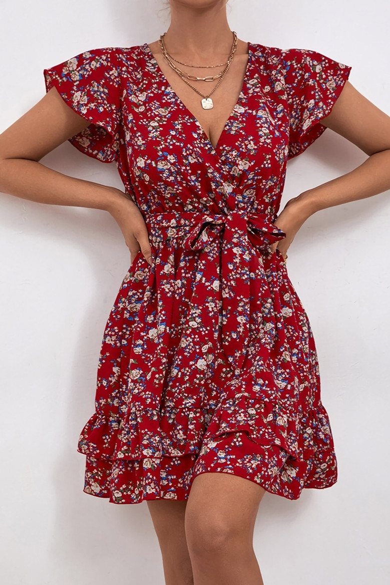 Summer New Stylish Floral Batch Printing Inelastic With Belt V-Neck Casual Mini Dress