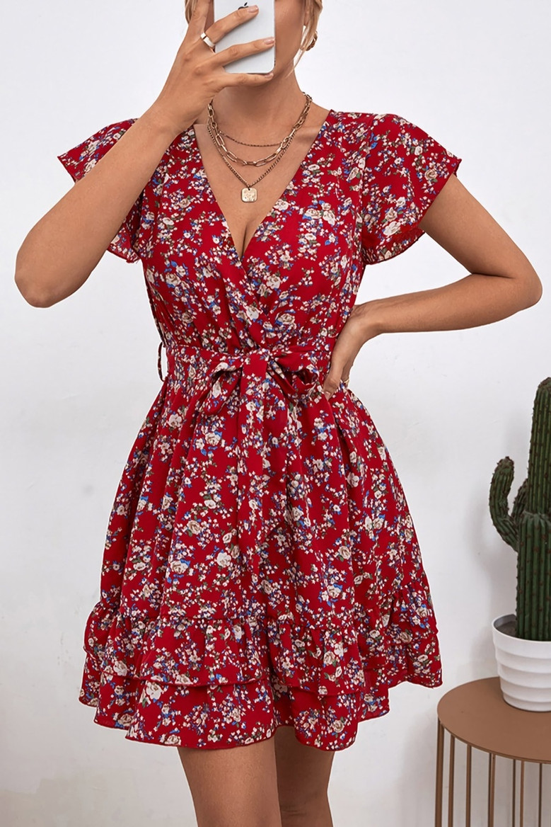 Summer New Stylish Floral Batch Printing Inelastic With Belt V-Neck Casual Mini Dress