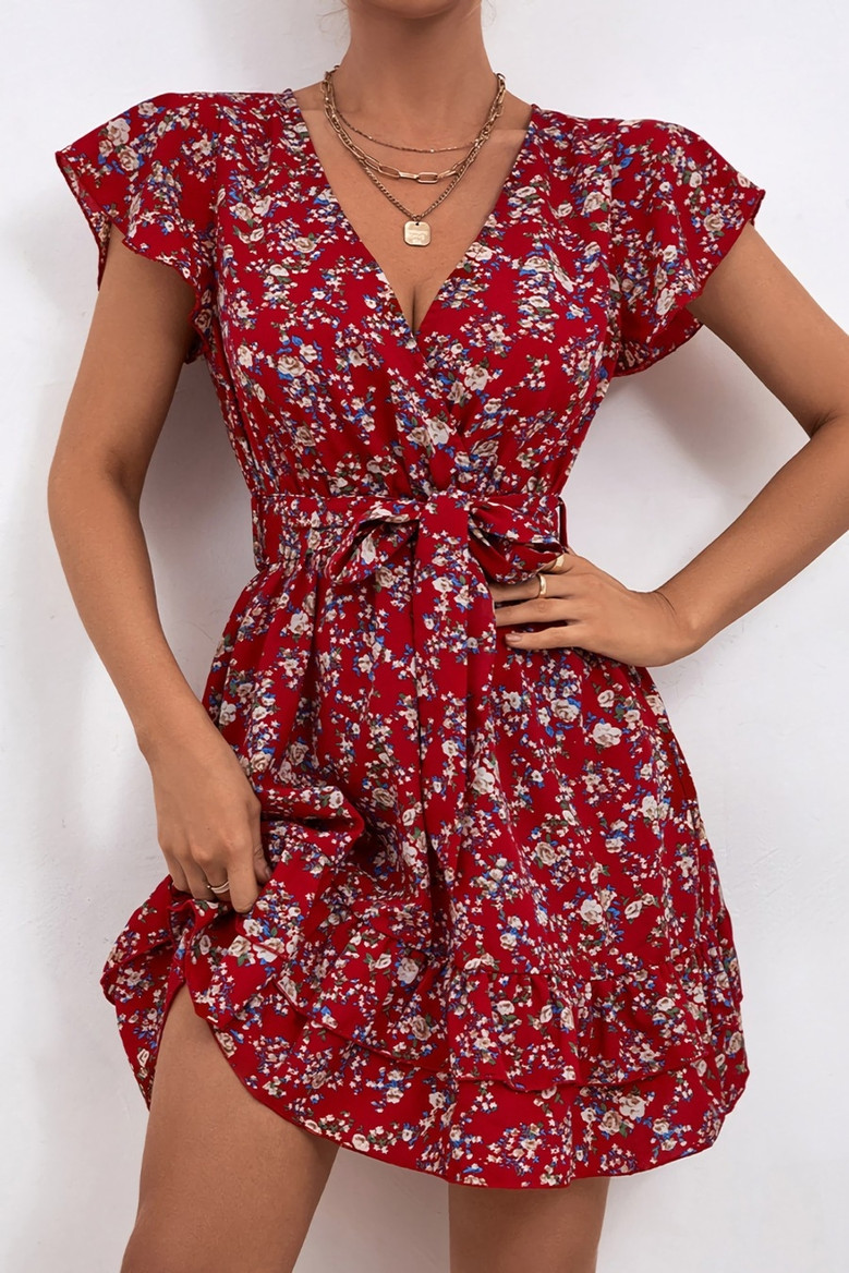 Summer New Stylish Floral Batch Printing Inelastic With Belt V-Neck Casual Mini Dress