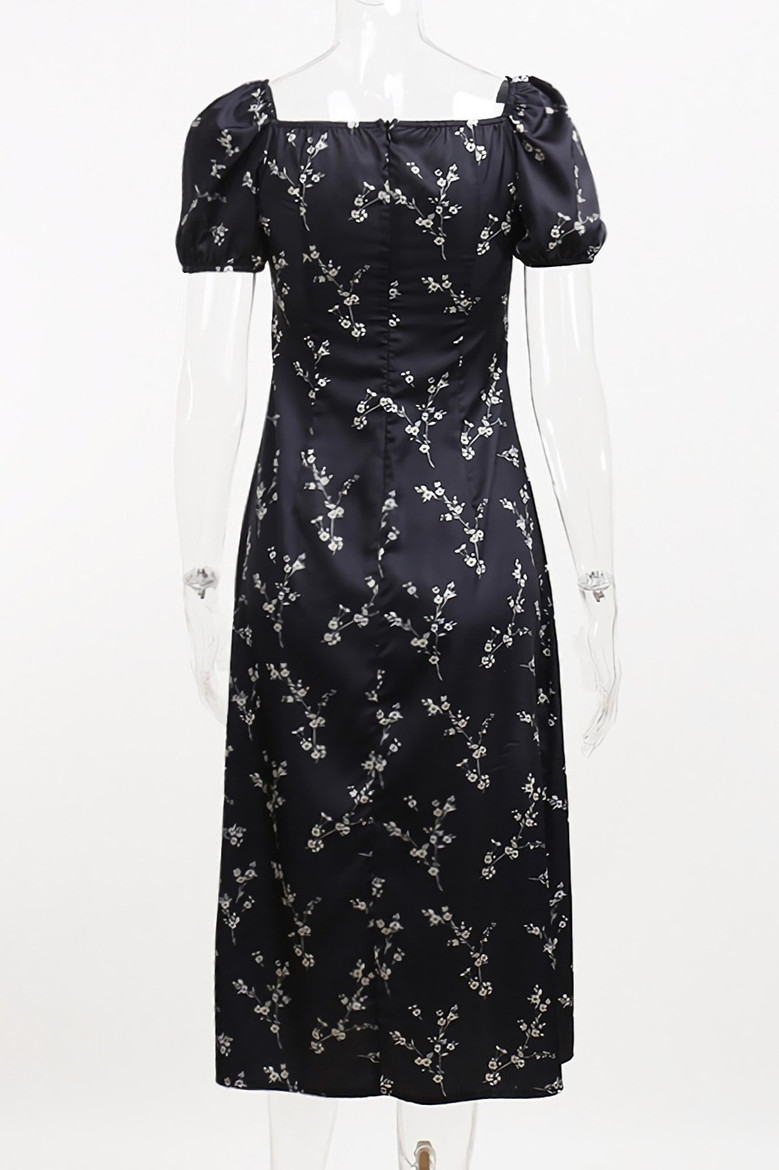 Summer New Stylish Floral Batch Printing Lace-Up Puffed Sleeve Square Neckline Inelastic Satin Slit Zip-Up Casual Midi Dress