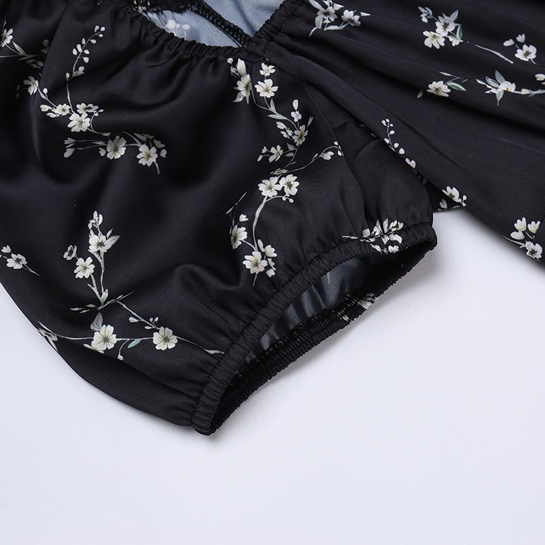 Summer New Stylish Floral Batch Printing Lace-Up Puffed Sleeve Square Neckline Inelastic Satin Slit Zip-Up Casual Midi Dress