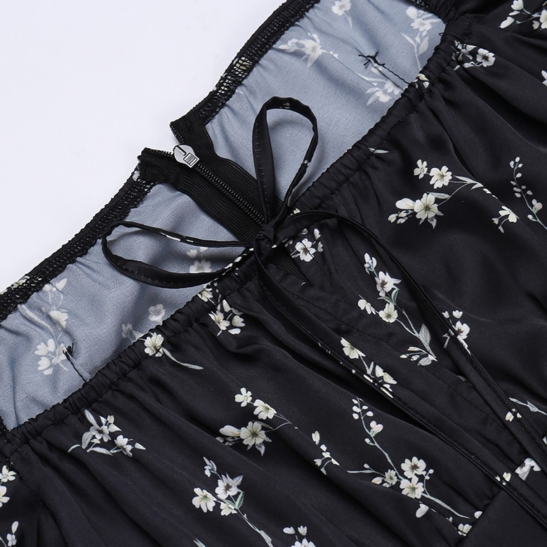 Summer New Stylish Floral Batch Printing Lace-Up Puffed Sleeve Square Neckline Inelastic Satin Slit Zip-Up Casual Midi Dress