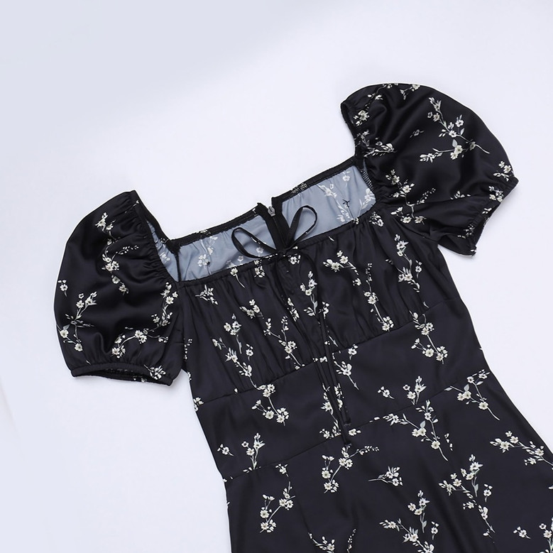 Summer New Stylish Floral Batch Printing Lace-Up Puffed Sleeve Square Neckline Inelastic Satin Slit Zip-Up Casual Midi Dress