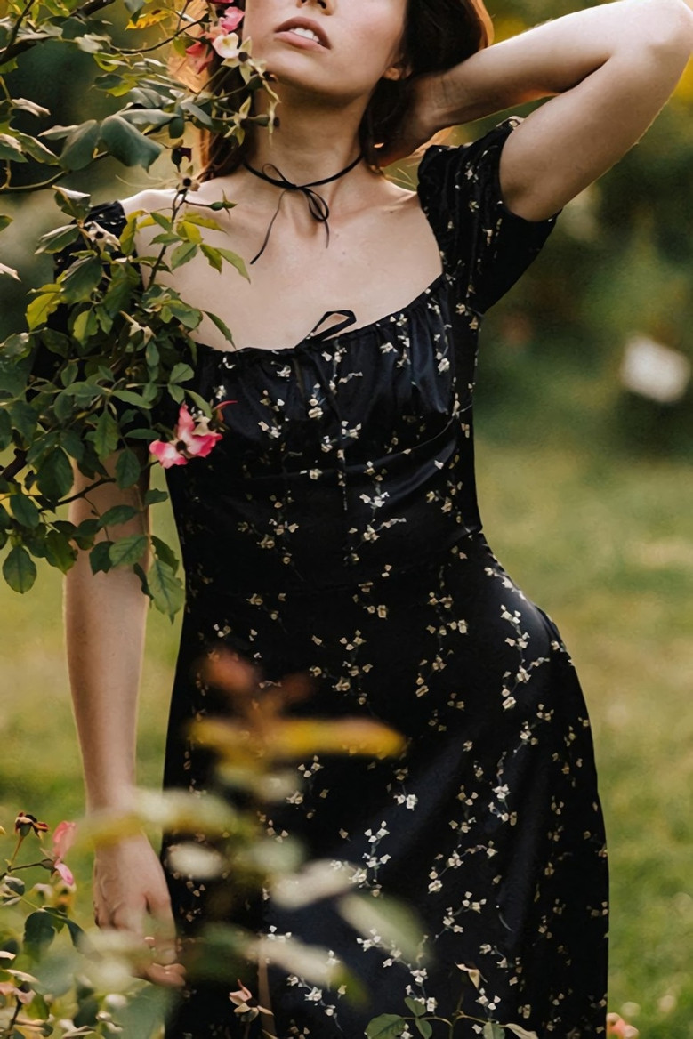 Summer New Stylish Floral Batch Printing Lace-Up Puffed Sleeve Square Neckline Inelastic Satin Slit Zip-Up Casual Midi Dress