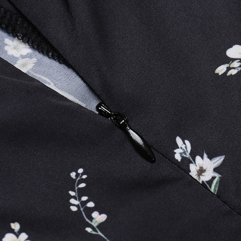 Summer New Stylish Floral Batch Printing Lace-Up Puffed Sleeve Square Neckline Inelastic Satin Slit Zip-Up Casual Midi Dress