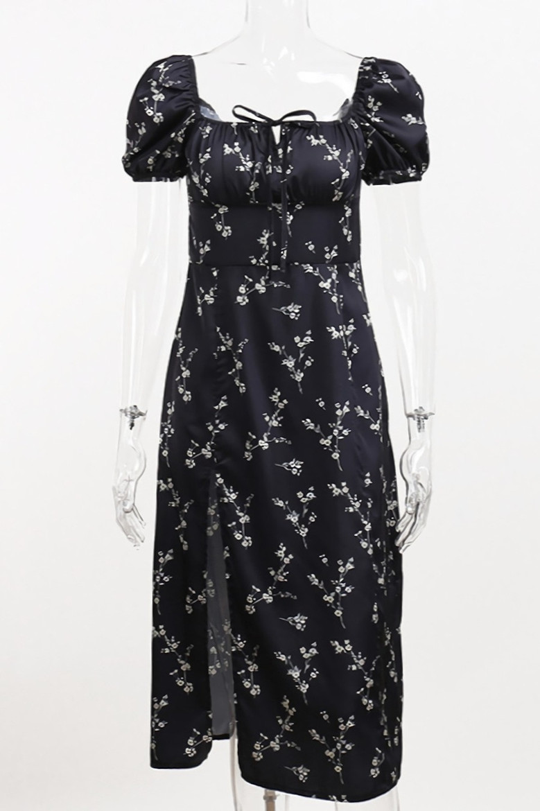 Summer New Stylish Floral Batch Printing Lace-Up Puffed Sleeve Square Neckline Inelastic Satin Slit Zip-Up Casual Midi Dress