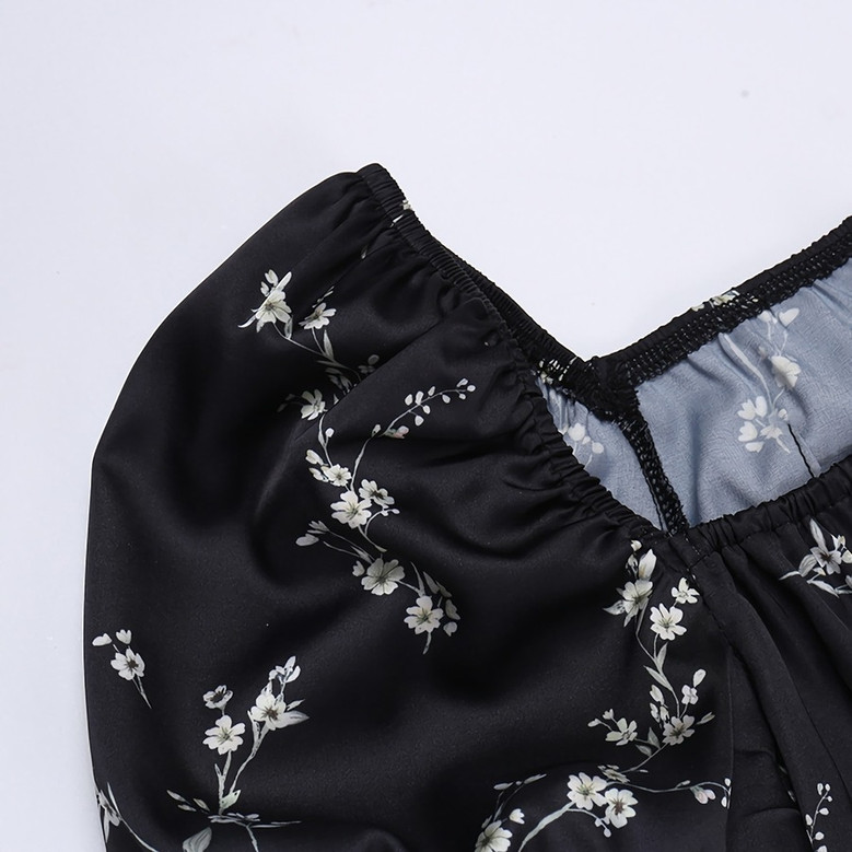 Summer New Stylish Floral Batch Printing Lace-Up Puffed Sleeve Square Neckline Inelastic Satin Slit Zip-Up Casual Midi Dress