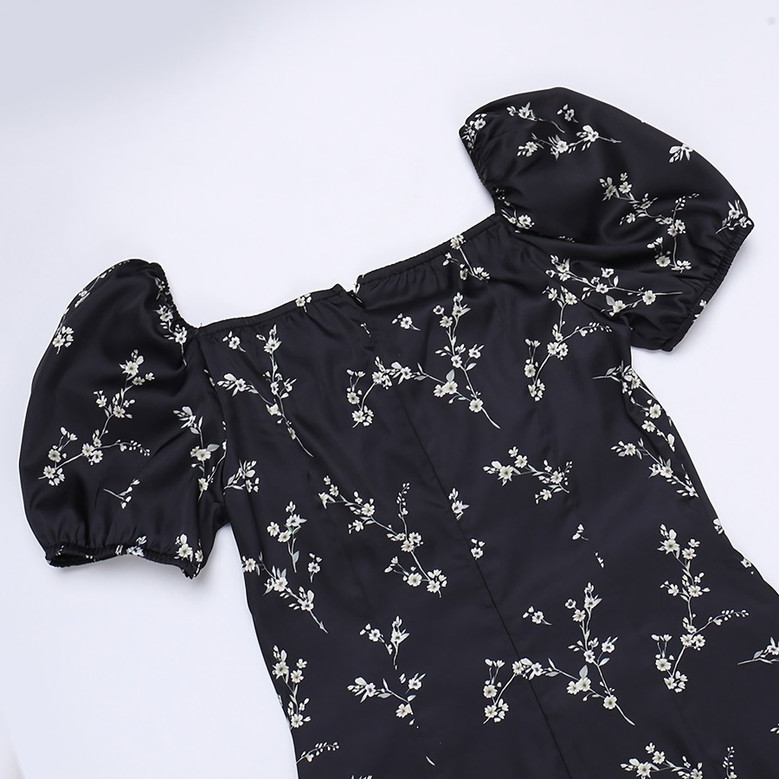 Summer New Stylish Floral Batch Printing Lace-Up Puffed Sleeve Square Neckline Inelastic Satin Slit Zip-Up Casual Midi Dress