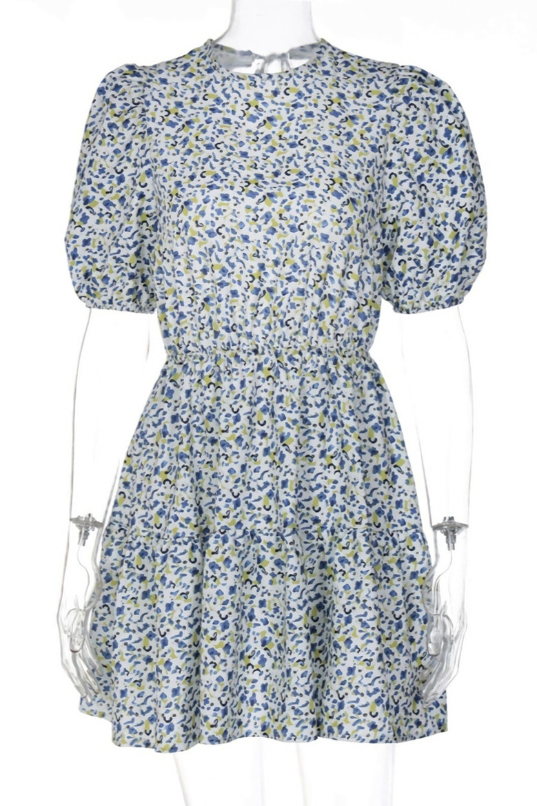 Summer New Stylish Floral Batch Printing Micro Elastic Lace-Up Backless Puff Sleeves Sexy Mini Dress