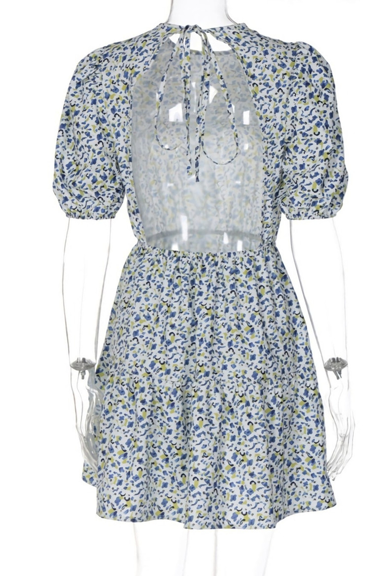 Summer New Stylish Floral Batch Printing Micro Elastic Lace-Up Backless Puff Sleeves Sexy Mini Dress