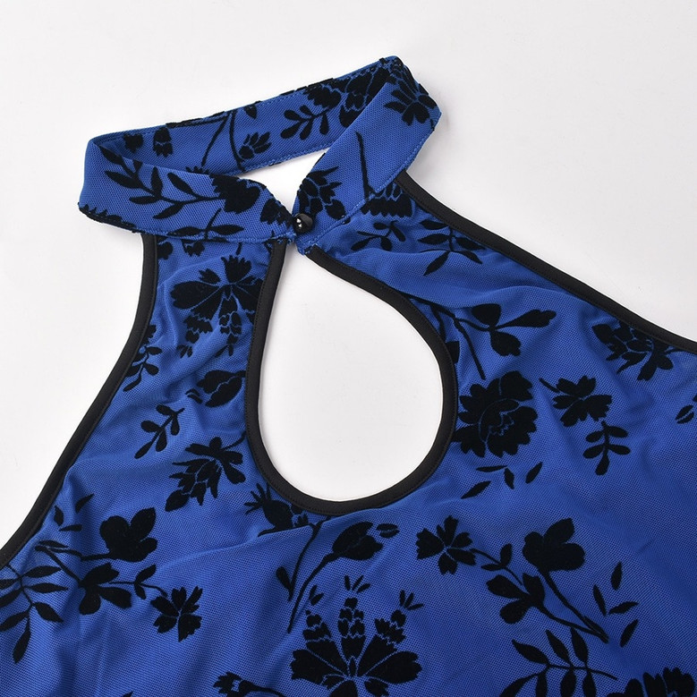 Summer New Stylish Floral Batch Printing Stretch Sleeveless Hollow Button Halter-Neck Backless Bodycon Sexy Mini Dress