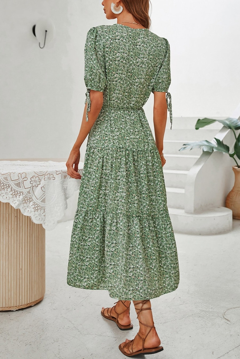 Summer New Stylish Floral Batch Printing V-Neck Lace-Up Short Sleeve High Slit Sexy Midi Dress