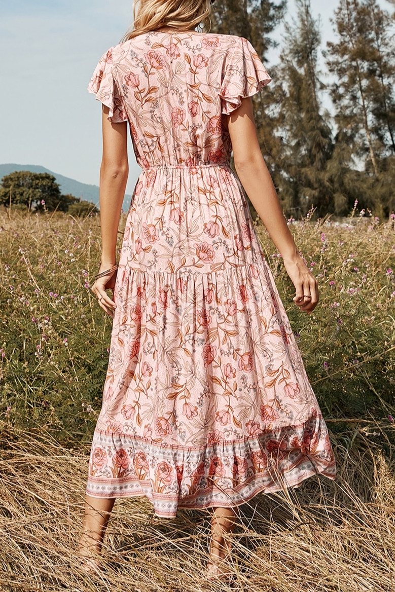 Summer New Stylish Floral Batch Printing V-Neck Short Sleeve Casual Midi Dress