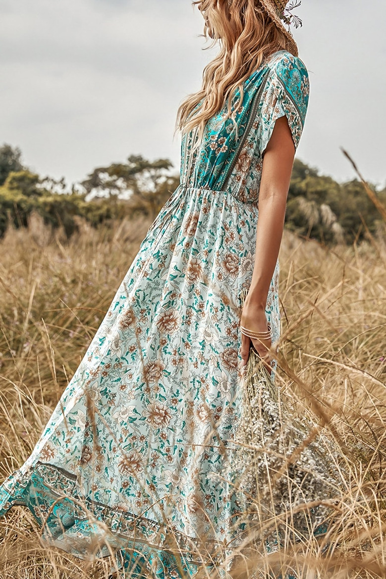 Summer New Stylish Floral Batch Printing V-Neck Short Sleeve Slit Stretch Casual Maxi Dress
