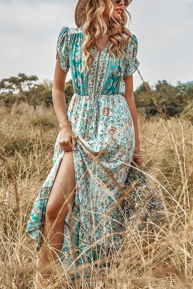 Summer New Stylish Floral Batch Printing V-Neck Short Sleeve Slit Stretch Casual Maxi Dress