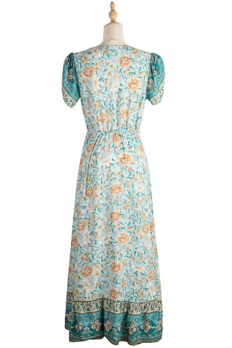 Summer New Stylish Floral Batch Printing V-Neck Short Sleeve Slit Stretch Casual Maxi Dress
