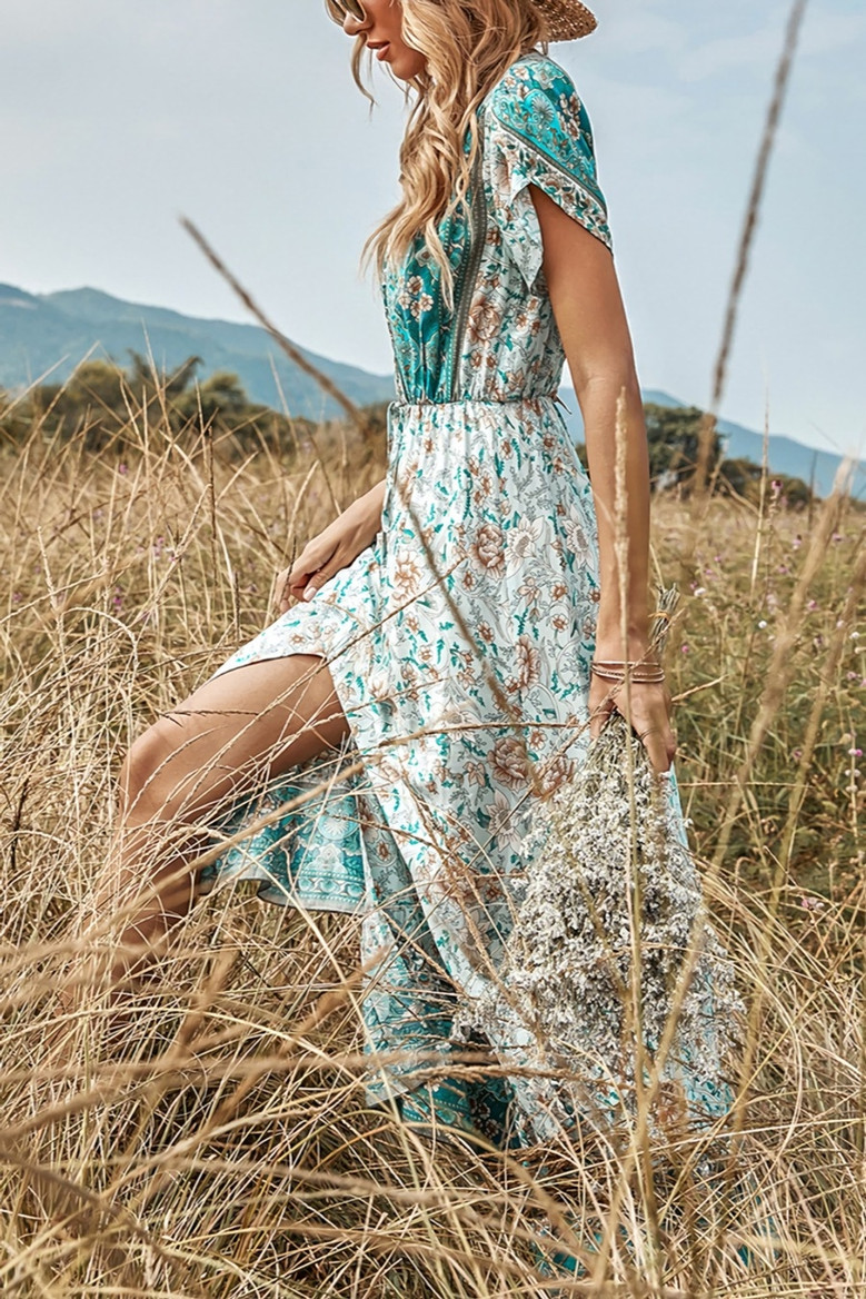 Summer New Stylish Floral Batch Printing V-Neck Short Sleeve Slit Stretch Casual Maxi Dress