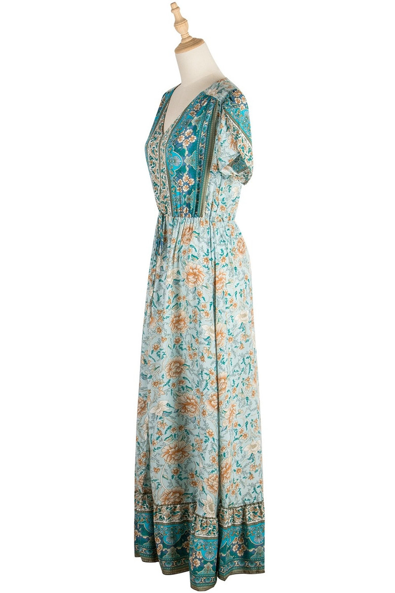 Summer New Stylish Floral Batch Printing V-Neck Short Sleeve Slit Stretch Casual Maxi Dress