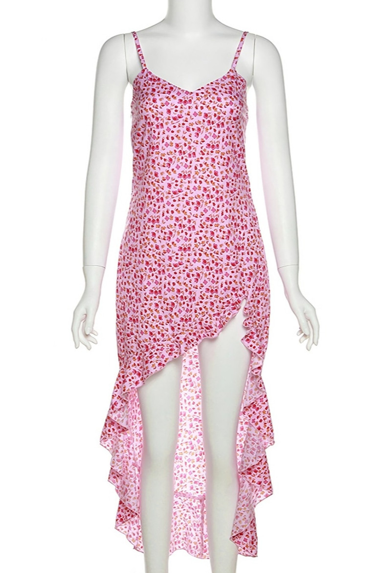 Summer New Stylish Floral Batch Printing Zip-Up Ruffled High Slit Stretch Sexy Midi Dress