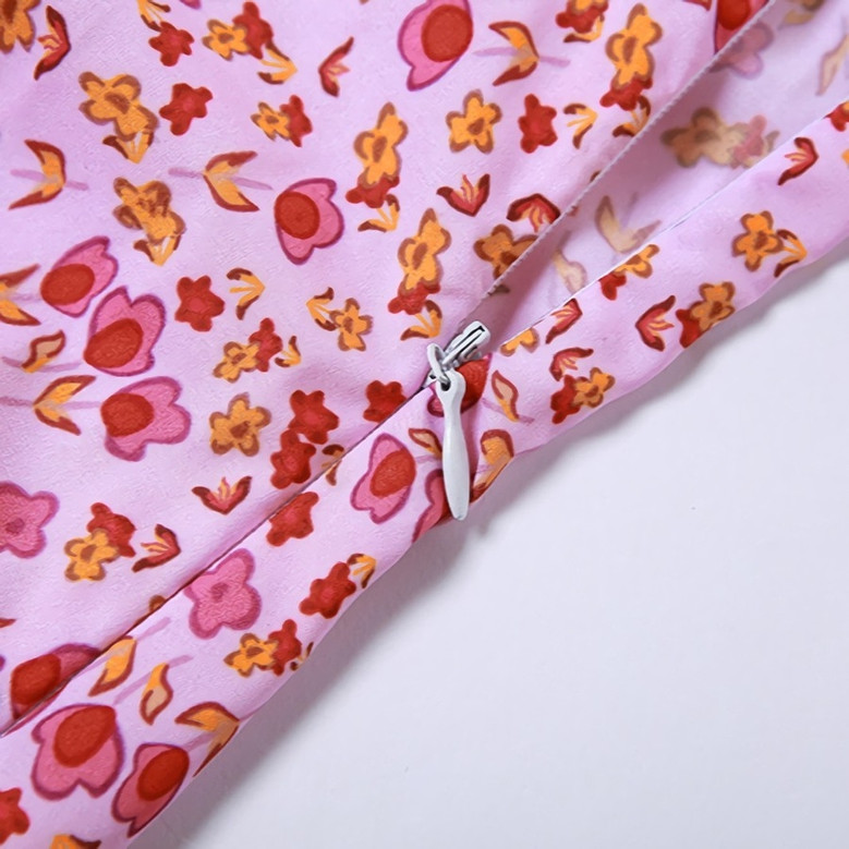 Summer New Stylish Floral Batch Printing Zip-Up Ruffled High Slit Stretch Sexy Midi Dress