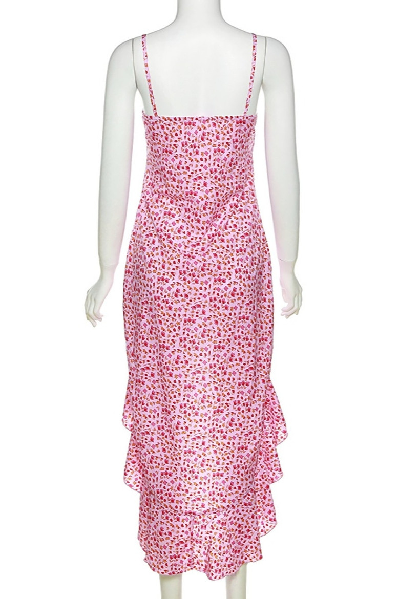 Summer New Stylish Floral Batch Printing Zip-Up Ruffled High Slit Stretch Sexy Midi Dress