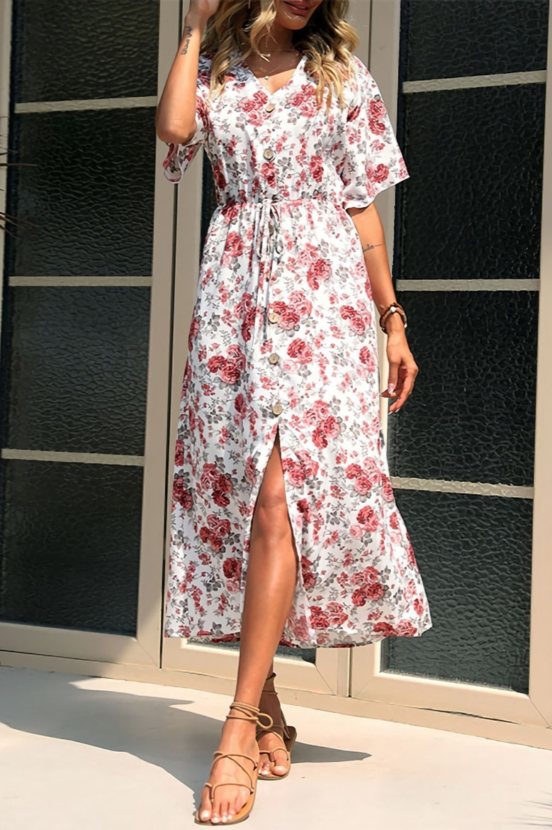 Summer New Stylish Flower Batch Inelastic V-Neck Single-Breasted Split Lace-Up Casual Midi Dress