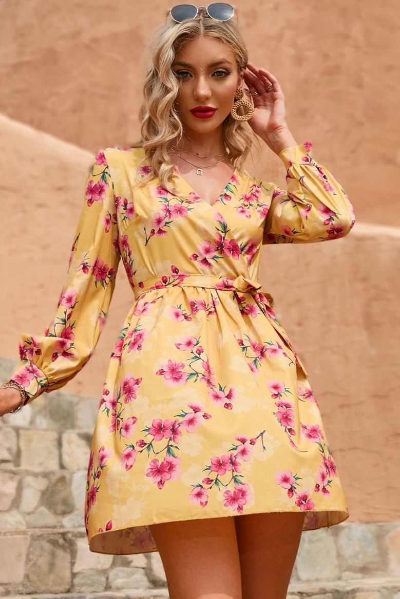 Summer New Stylish Flower Batch Printing Inelastic V Neck Back Zip-Up Casual Mini Dress(With Belt)