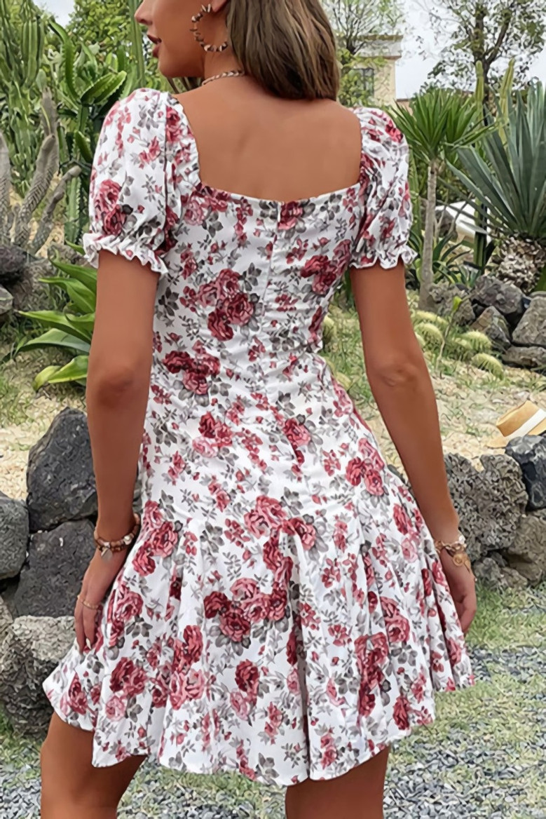 Summer New Stylish Flower Batch Printing Micro Elastic Square Neckline Lace-Up Zip-Up Casual Mini Dress
