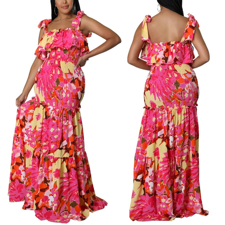 Summer New Stylish Flower Batch Printing Stretch Sling Lace-Up Backless Casual Maxi Dress Dresses