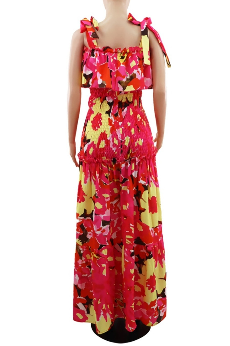 Summer New Stylish Flower Batch Printing Stretch Sling Lace-Up Backless Casual Maxi Dress Dresses