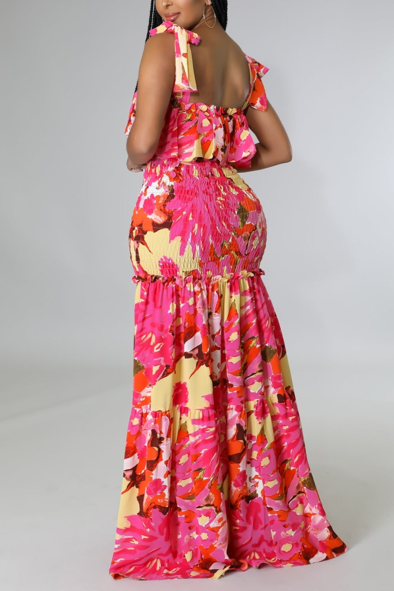 Summer New Stylish Flower Batch Printing Stretch Sling Lace-Up Backless Casual Maxi Dress Dresses