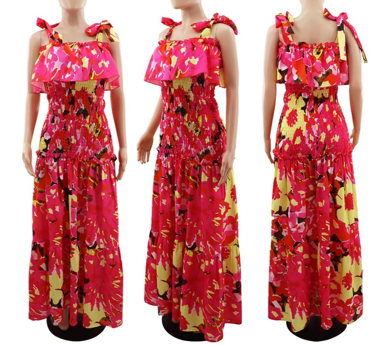 Summer New Stylish Flower Batch Printing Stretch Sling Lace-Up Backless Casual Maxi Dress Dresses