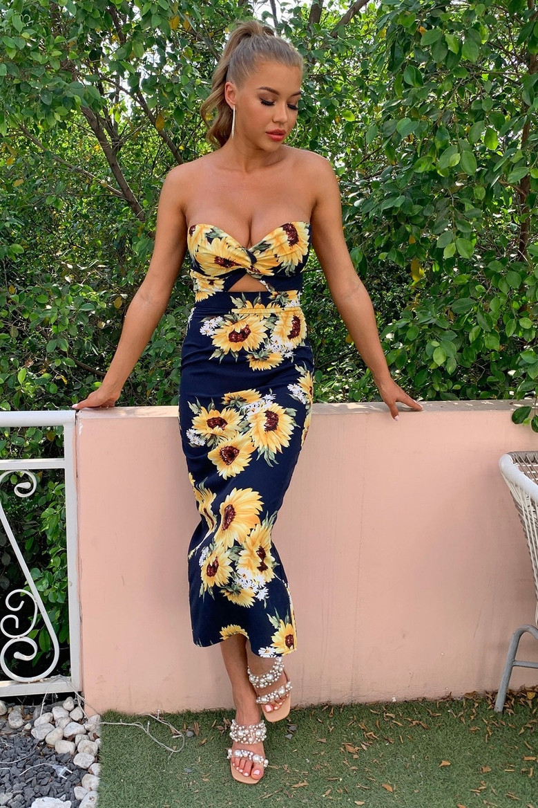Summer New Stylish Flower Batch Printing Stretch Tube Top Hollow Split Backless Zip-Up Sexy Midi Dress