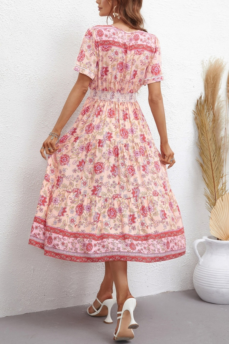 Summer New Stylish Flower Printing Single-Breasted Micro Elastic Short Sleeves Casual Midi Dress