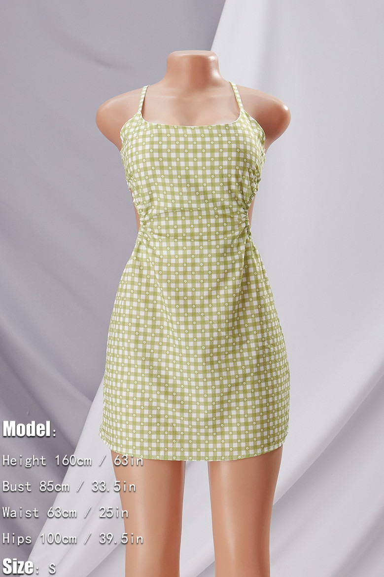 Summer New Stylish Hollow Plaid Flower Printing Sling Backless Lace-Up Inelastic Sexy Mini Dress