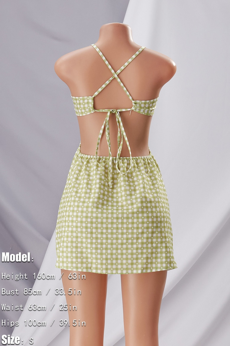 Summer New Stylish Hollow Plaid Flower Printing Sling Backless Lace-Up Inelastic Sexy Mini Dress