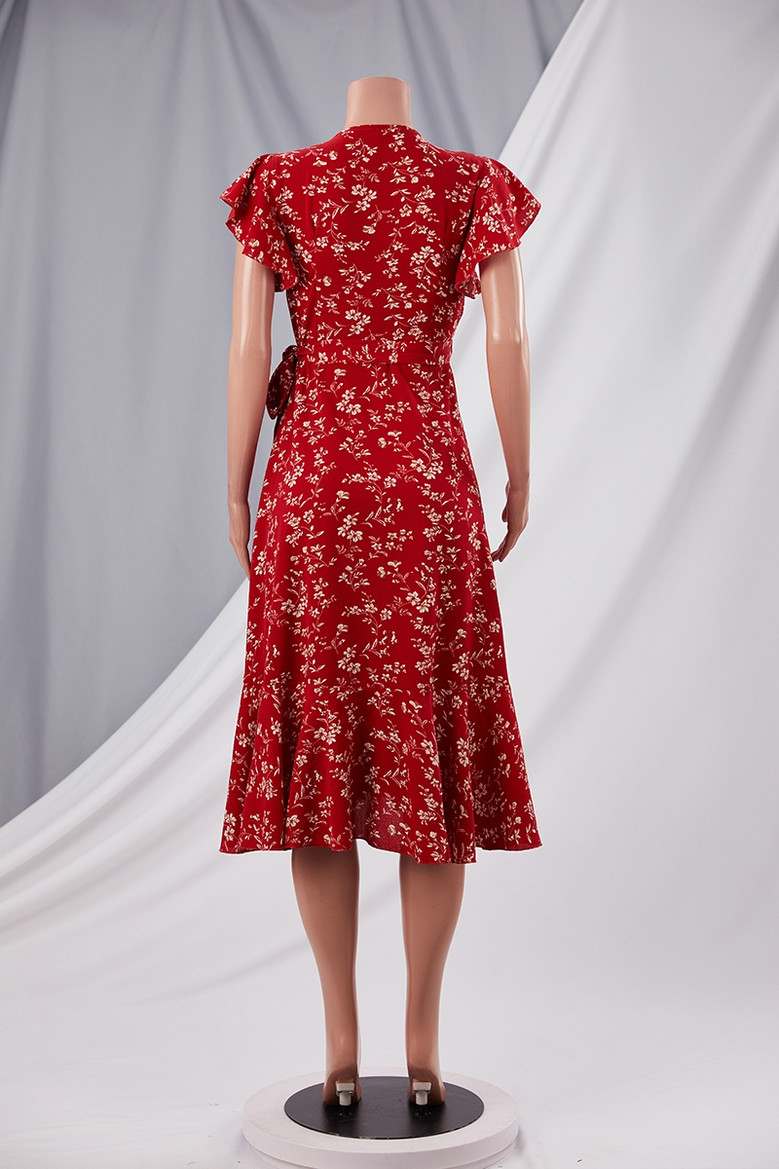 Summer New Stylish Inelastic Batch Printing Slit Lace-Up Casual Midi Dress