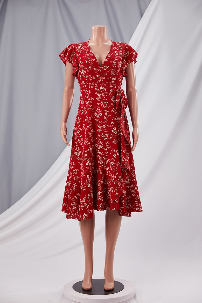 Summer New Stylish Inelastic Batch Printing Slit Lace-Up Casual Midi Dress