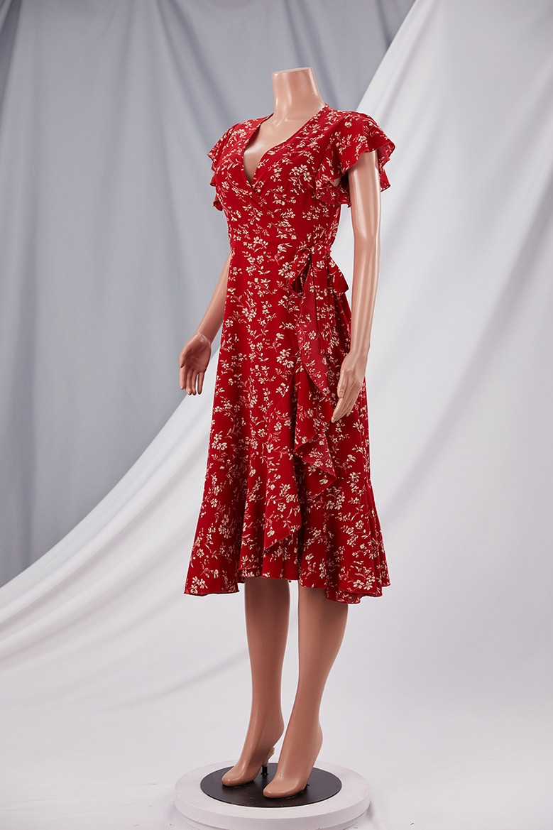 Summer New Stylish Inelastic Batch Printing Slit Lace-Up Casual Midi Dress