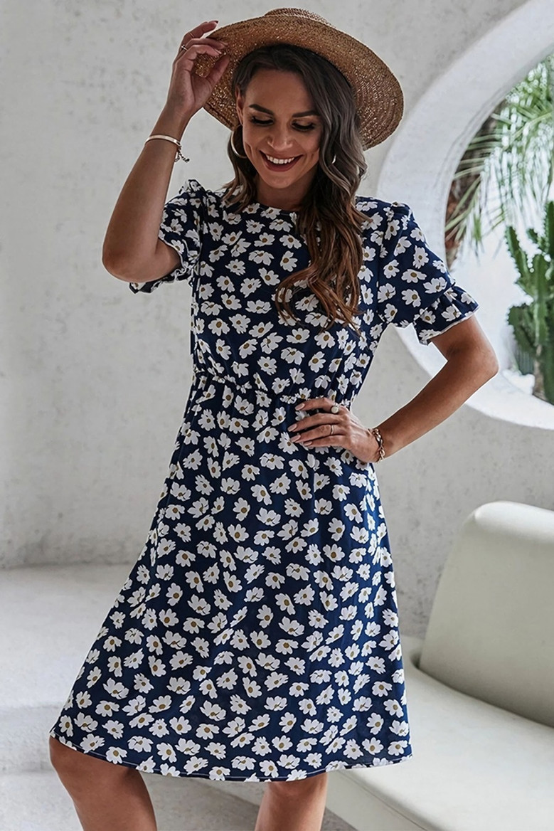Summer New Stylish Inelastic Daisy Batch Printing Short Sleeves Casual Midi Dress